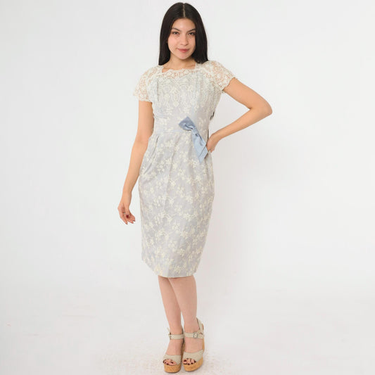 1950s Blue Lace Midi Dress Scalloped Cap Sleeve Satin Bow Extra Small XS