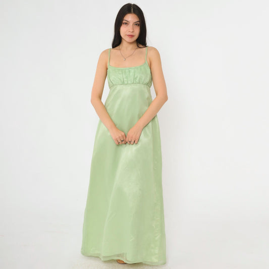 70s Light Green Empire Waist Maxi Dress Organdy Spaghetti Strap Formal Gown XS