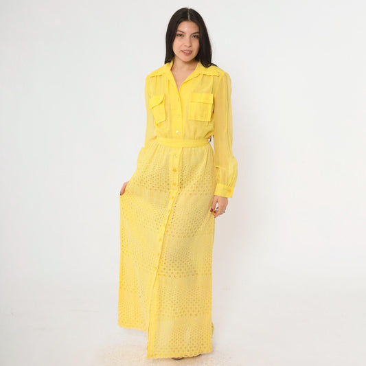 70s Yellow Eyelet Lace Maxi Dress Button-Up High Waist Utility Pockets Small