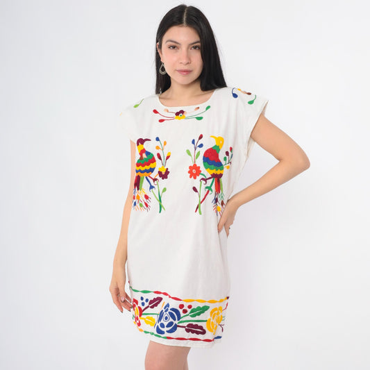 90s Mexican Embroidered Peacock Floral Mini Dress White Cotton Tunic Medium M