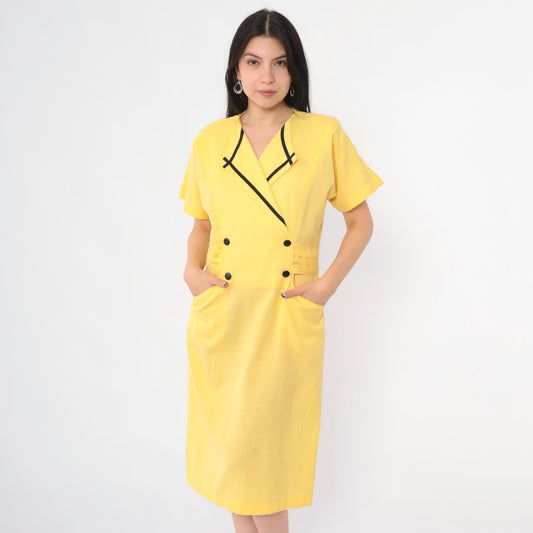 80s Damon Petite Yellow Midi Dress Double Breasted Button Front Black Trim Medium
