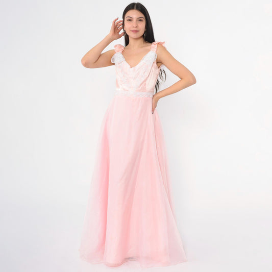70s Priscilla of Boston Pink Chiffon Maxi Gown Ruched Bow Small