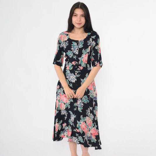 90s Black Floral Midi Dress Button-Up Scoop Neck Short Sleeve Small S
