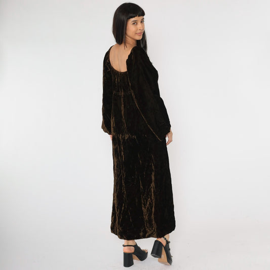 Y2K Brown Velvet Maxi Dress Empire Waist Wide Sleeve Small S