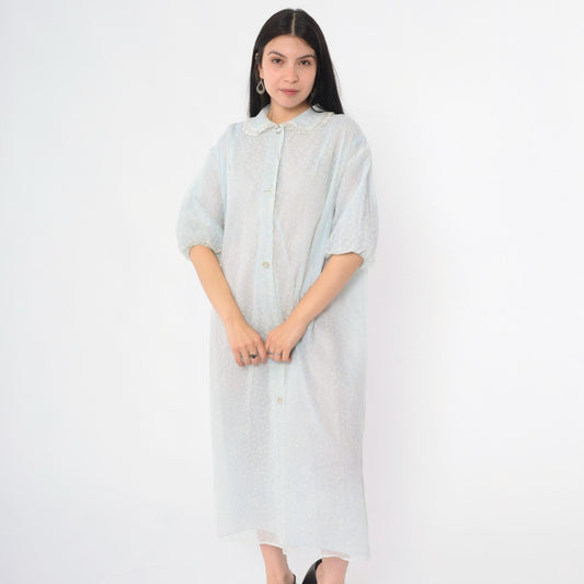 60s Light Blue Chiffon Robe Flocked Floral Peter Pan Collar Peignoir Extra Large