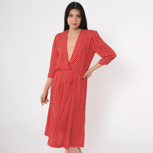 80s Red Polka Dot Midi Dress Deep V Puff Sleeve Pleated Small