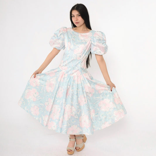 80s Pastel Floral Midi Dress Puff Sleeve Basque Waist Blue Pink Small