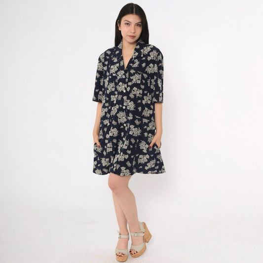 80s Liz Claiborne Navy Floral Midi Dress Drop Waist Button Front Extra Large