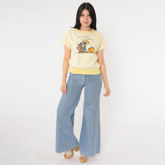 80s Graphic Sweatshirt Tee Yellow Goodbye See You Again Cartoon Extra Small