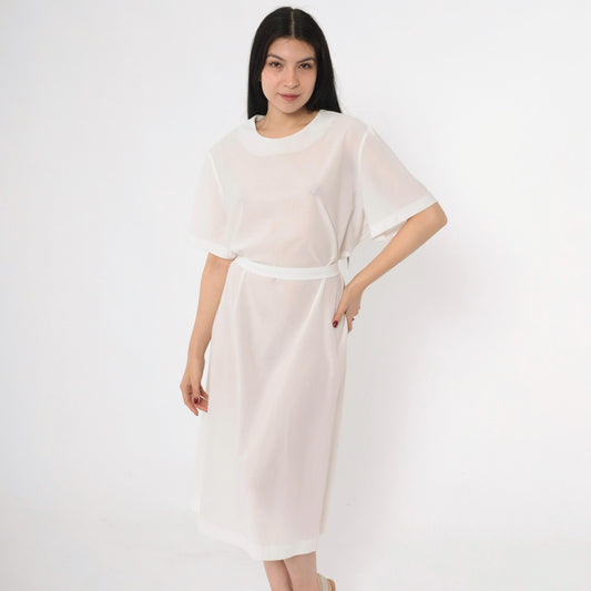 70s Sheer White Shift Dress Tie Belt Short Sleeve Mini Plus Size XXL