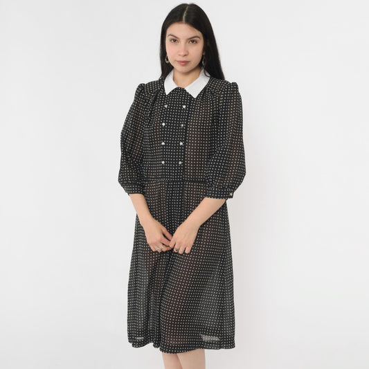 80s Black Polka Dot Midi Dress White Collar Puff Sleeve Button Front Medium M