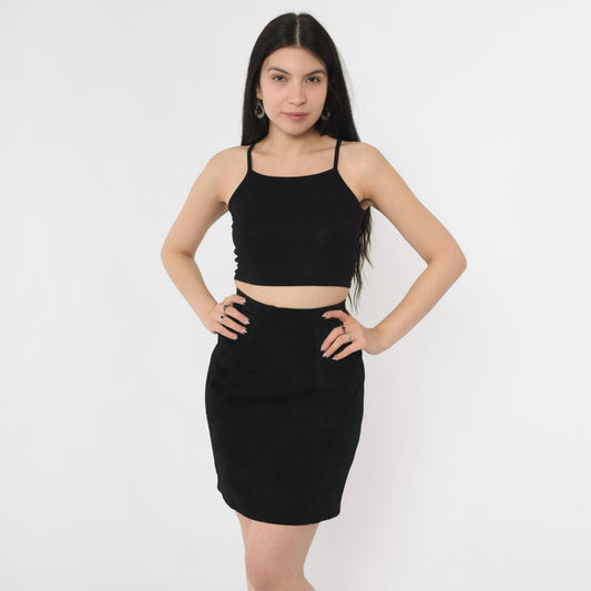 80s Black Suede Mini Skirt High Waist Bodycon Leather Extra Small