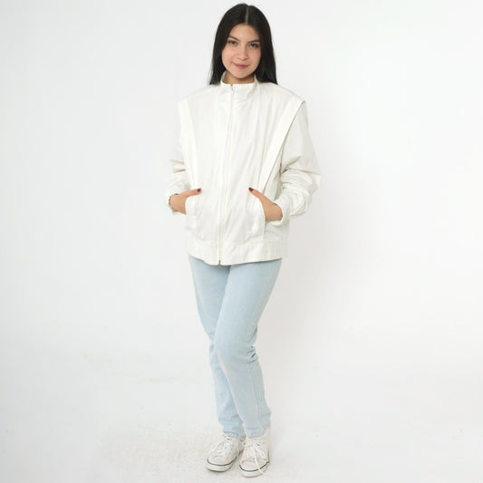 80s Members Only Jacket White Structured Pleated Bomber Windbreaker Large