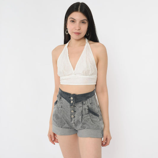 80s Grey Acid Wash Denim Shorts High Rise Pleated Button Fly Extra Small