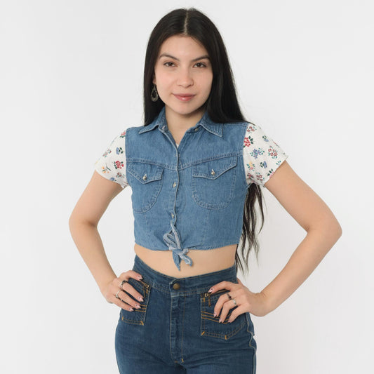 90s Floral Crop Top With Attached Denim Vest Button Up Blouse White XXS