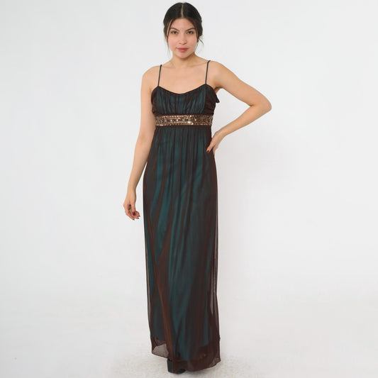 Y2K Teal Sequin Beaded Maxi Party Dress Brown Mesh Overlay Spaghetti Strap Large