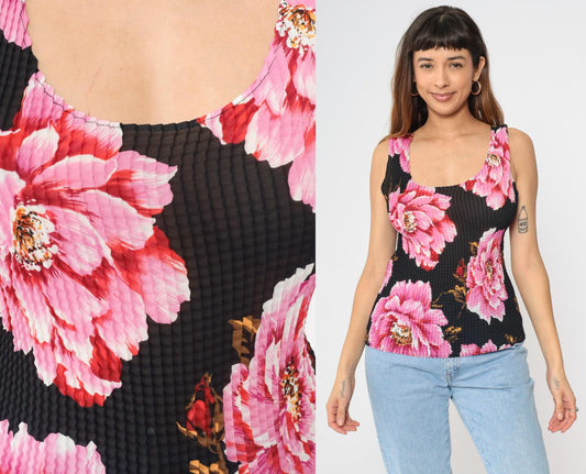 Y2K Floral Popcorn Tank Top Black Pink Scoop Neck Sleeveless Medium