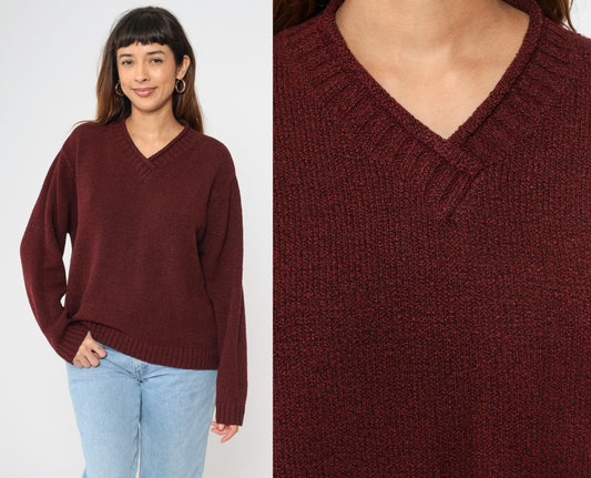 90s Burgundy V-Neck Knit Sweater Pullover Medium M