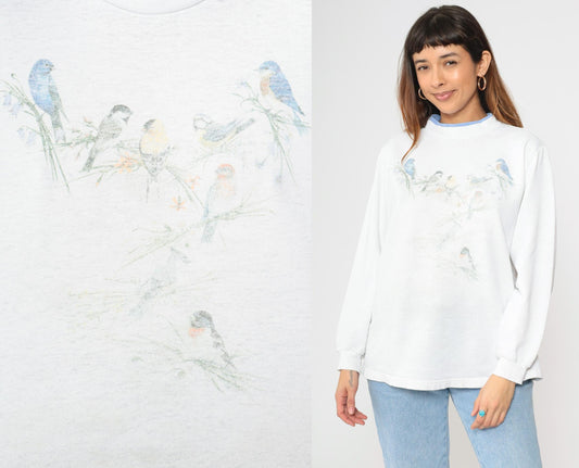 90s Bird Wildlife Sweatshirt White Graphic Double Collar Pullover Large L