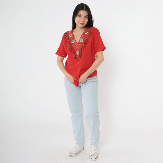 90s Pierre Pascal Red Leather Fringe Western T-Shirt Concho Stud V-Neck Medium