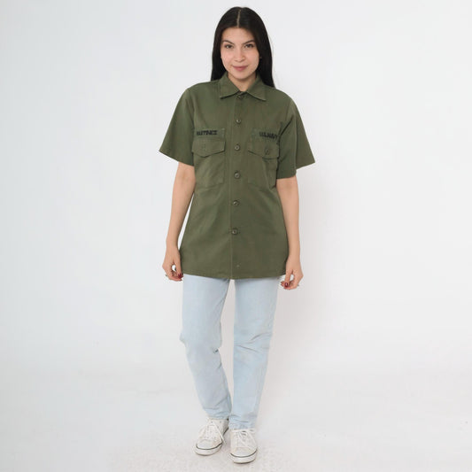 70s U.S. Navy Olive Green Cotton Twill Military Utility Shirt Small