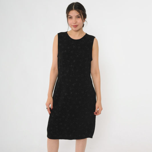 90s Onyx Nite Black Glitter Starburst Keyhole Back Midi Dress Large