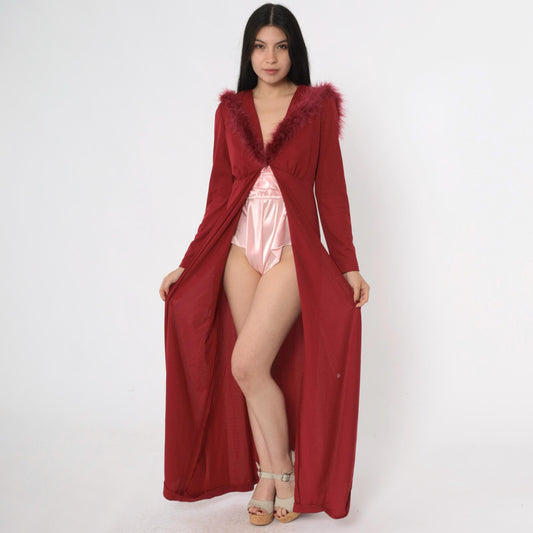 70s Burgundy Maxi Jacket Feather Trim Hood Deep V Neck Small Medium