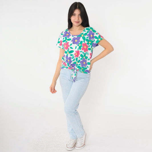 90s Aileen Petites Floral Tie Waist Graphic Tee White Short Sleeve Medium