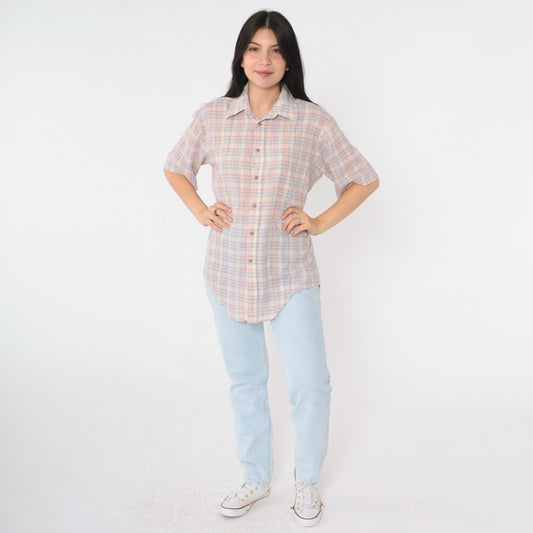 80s Cream Plaid Button-Up Shirt Pink Blue Checkered Short Sleeve Medium