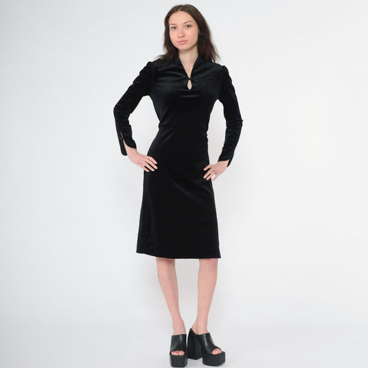 80s Black Velour Midi Dress Keyhole Neckline Long Sleeve Fitted Small