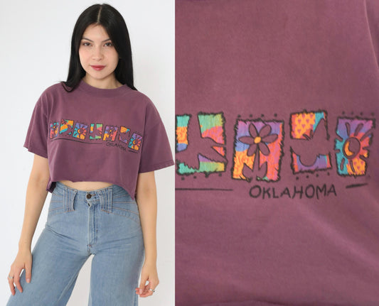 90s Oklahoma Floral Crop Top Burgundy Graphic T-Shirt Medium