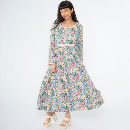 90s Floral Maxi Dress Flower Child Print Empire Waist Long Sleeve Medium Large