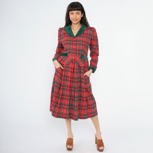 80s Lanz Originals Red Tartan Velvet Trim Peplum Midi Dress Medium 8