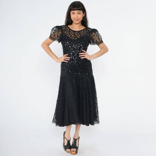 80s Night Moves Black Sequin Lace Midi Dress Puff Sleeve Mermaid Hem Small