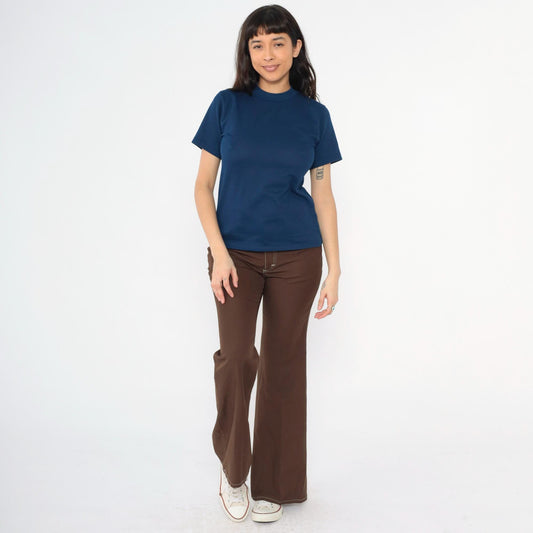 70s Navy Ribbed Knit Crewneck Short Sleeve Top Small