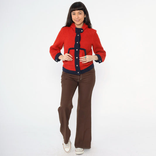 1970s Red Wool Hooded Jacket Navy Contrast Trim Snap Front Cropped Extra Small