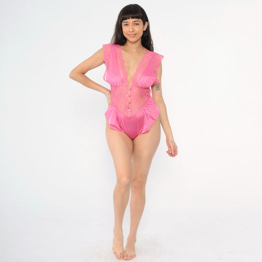 80s Adrian Roberts Pink Lace Teddy Deep V Neck Open Back Small