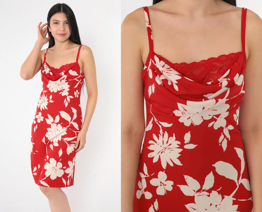 Y2K Red Floral Midi Dress Cowl Neck Lace Bust Spaghetti Strap Small