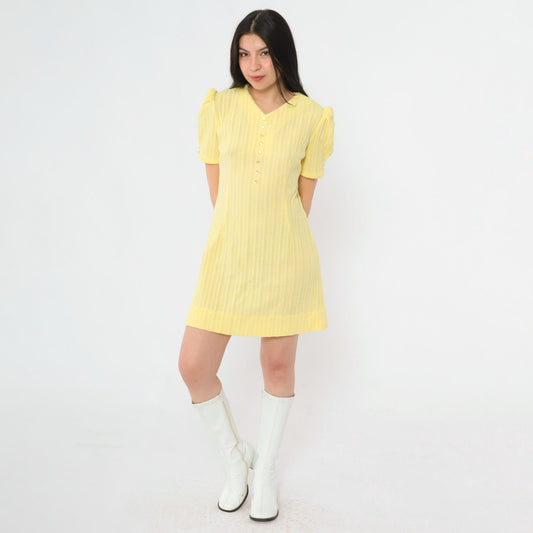 60s Yellow Ribbed Knit Mini Dress Puff Sleeve Shift Small Medium