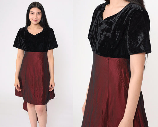 90s Black Velvet Burgundy Taffeta Mini Dress High Waist Bow Back Small S