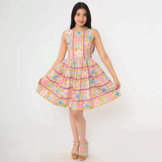 1960s Tropical Floral Mini Dress Pink Blue High Waist Sleeveless Extra Small