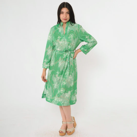 70s Abstract Floral Midi Dress Green Mandarin Collar Side Slit Tie Belt Large