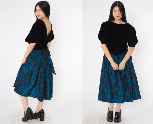 80s Black Velvet Puff Sleeve Dress Blue Floral Jacquard Midi V Back Small