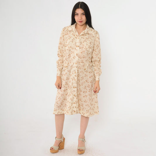 70s Cream Floral Midi Dress Button Up Long Sleeve Dagger Collar Fitted Waist Large
