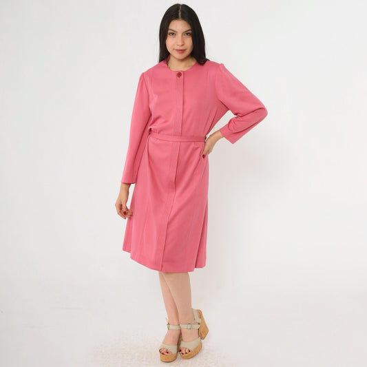 70s Pink Button-Up Shirtdress A-Line Midi Puff Sleeve Tie Belt Large