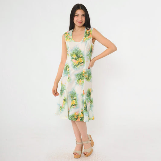 70s White Floral Print Sleeveless Dress Green Yellow Midi A-Line Medium 8