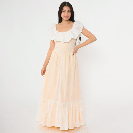 70s White Eyelet Lace Maxi Dress Yellow Lining Ruffled Off-Shoulder Small