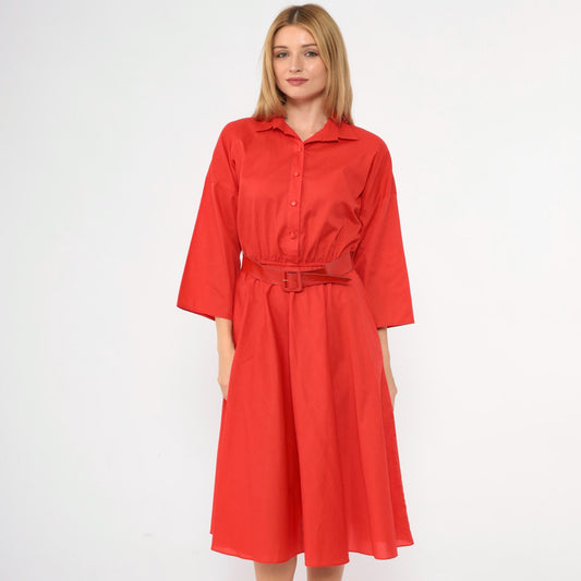 80s Red Button-Up Midi Shirtdress High Waisted 3/4 Sleeve Medium