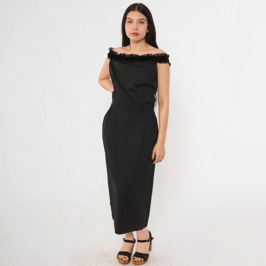1960s Maggi Stover Black Cocktail Dress Off-Shoulder Velvet Lace Midi Small 4