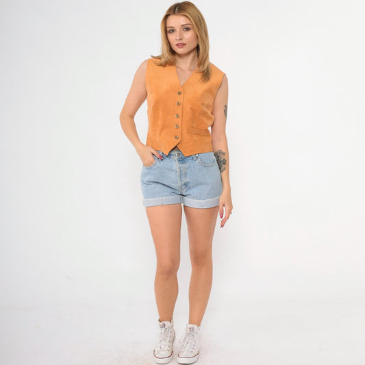 80s Orange Faux Suede Vest Button-Up Tailored Sleeveless Small